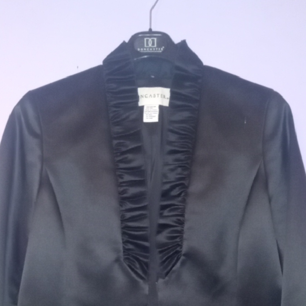 Doncaster Black Satin Blazer with Ruffled Collar